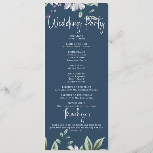 Elegant Marine Blauw Bloemen Script Bruiloft Cerem Programmakaart (Achterkant)