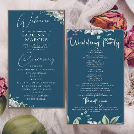 Elegant Marine Blauw Bloemen Script Bruiloft Cerem Programmakaart