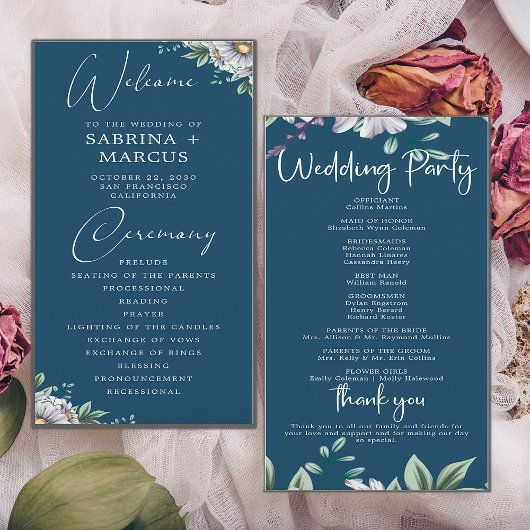 Elegant Marine Blauw Bloemen Script Bruiloft Cerem Programmakaart