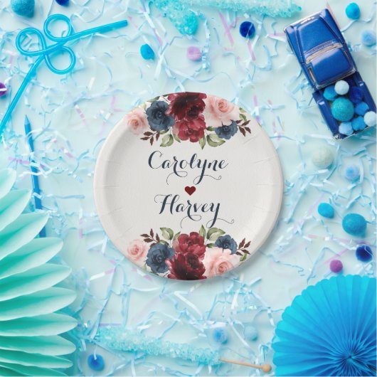 Elegant Marine Blauw Bourgondië Blush Bloemen Brui Papieren Bordje (Feest)