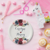 Elegant Marine Blauw Bourgondië Blush Bloemen Brui Papieren Bordje (Feest)