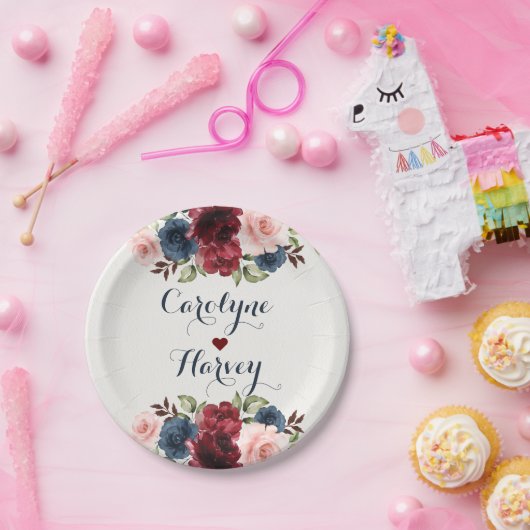 Elegant Marine Blauw Bourgondië Blush Bloemen Brui Papieren Bordje (Feest)