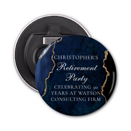 Elegant Marine Blauw Goud Agaat Pensioen Partij Button Flesopener (Voorkant)
