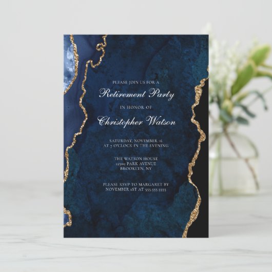 Elegant Marine Blauw Goud Agaat Pensioen Partij Kaart (Staand voorkant)