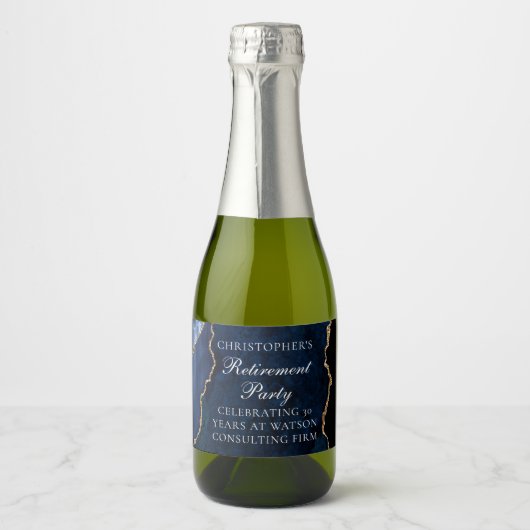 Elegant Marine Blauw Goud Agaat Pensioen Partij Sparkling Wijnetiket (Voorkant)