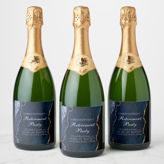 Elegant Marine Blauw Goud Agaat Pensioen Partij Sparkling Wijnetiket (Flessen)