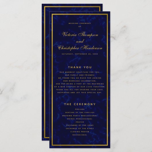 Elegant Marine Blauw & Goud Huwelijksceremonie Pro Programmakaart (Voorkant / Achterkant)