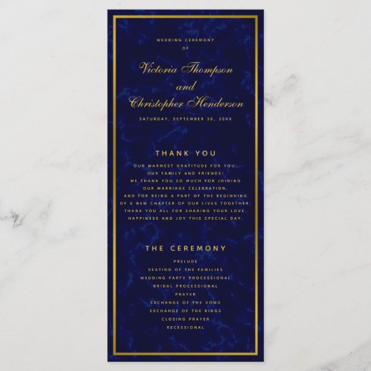Elegant Marine Blauw & Goud Huwelijksceremonie Pro Programmakaart (Voorkant)