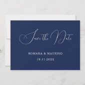 Elegant Marine Blauw Kalligrafie Script Save The Date (Voorkant)