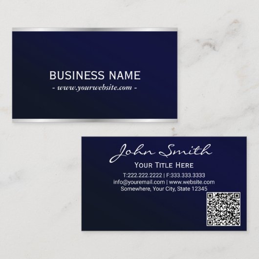 Elegant Marine Blauw Metallic Professionele QR Cod Visitekaartje (Voorkant / Achterkant)