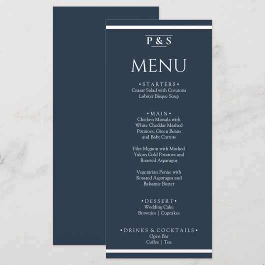 Elegant Marine Blauw Minimal Monogram Diner Bruilo Menu (Voorkant / Achterkant)