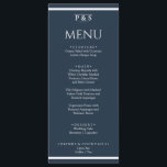 Elegant Marine Blauw Minimal Monogram Diner Bruilo Menu<br><div class="desc">Een marineblauw en wit elegant minimalistisch chique huwelijksdiner menu. Wat chique sjabloon ontwerp van marineblauwe achtergrond en witte typografie. En een monogram voor initialen bovenaan en witte strepen onderaan en bovenaan.</div>