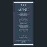 Elegant Marine Blauw Minimal Monogram Diner Bruilo Menu<br><div class="desc">Een marineblauw en wit elegant minimalistisch chique huwelijksdiner menu. Wat chique sjabloon ontwerp van marineblauwe achtergrond en witte typografie. En een monogram voor initialen bovenaan en witte strepen onderaan en bovenaan.</div>