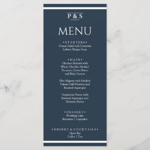 Elegant Marine Blauw Minimal Monogram Diner Bruilo Menu