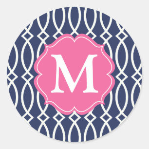 Elegant Marine Blauw Modern Trellis Monogrammed Ronde Sticker