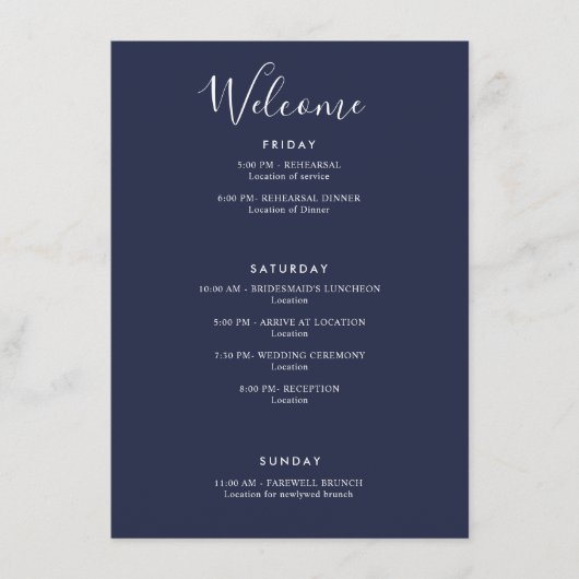 Elegant Marine Blauw Modern Welkomstplan Informatiekaartje (Voorkant)