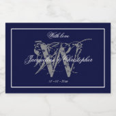 Elegant Marine Blauw Monogram Namen Chique Bruilof Sparkling Wijnetiket (Enkel label)