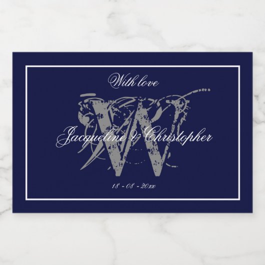 Elegant Marine Blauw Monogram Namen Chique Bruilof Sparkling Wijnetiket (Enkel label)