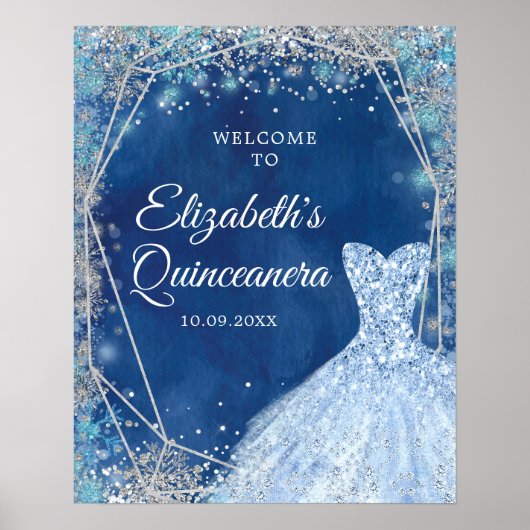 Elegant Marine Blauw Winter Quinceañera Welkomstbo Poster (Voorkant)