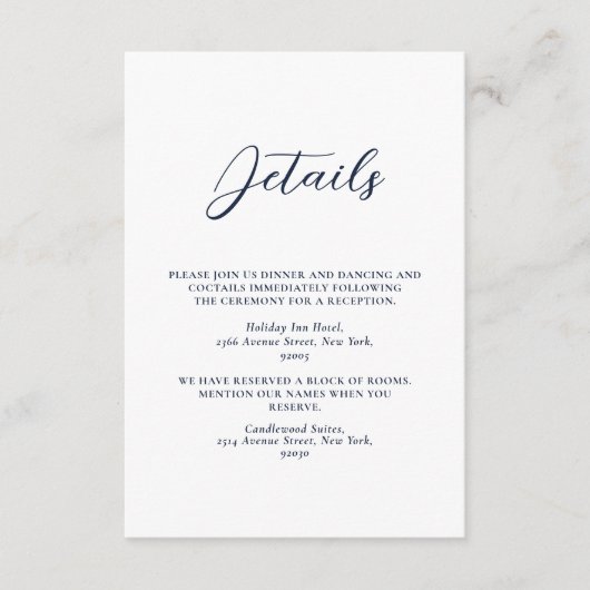 Elegant Marine Blauw & Wit Eenvoudige Bruiloft Informatiekaartje (Voorkant)