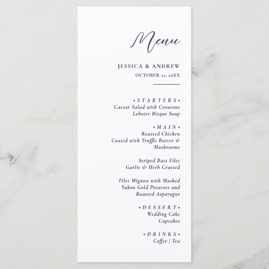Elegant Marine Blauw & Wit Eenvoudige Bruiloft Menu (Voorkant)
