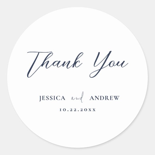 Elegant Marine Blauw & Wit Eenvoudige Bruiloft Ronde Sticker (Voorkant)