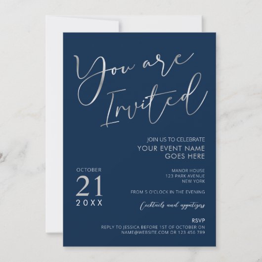 Elegant Marine Blauw & Zilver Script Company Party Kaart (Voorkant)