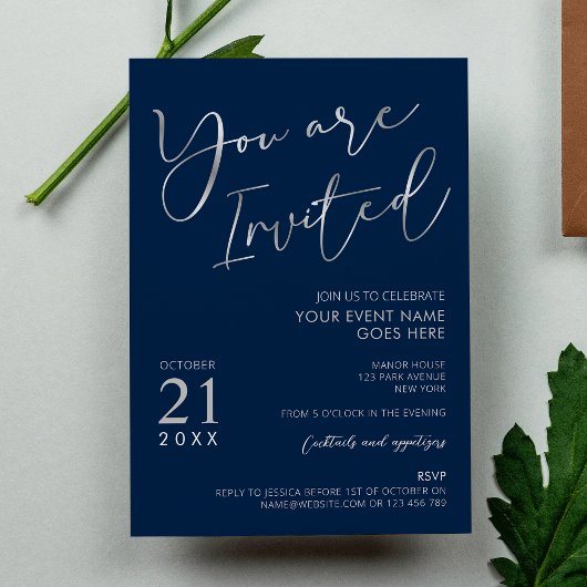Elegant Marine Blauw & Zilver Script Company Party Kaart