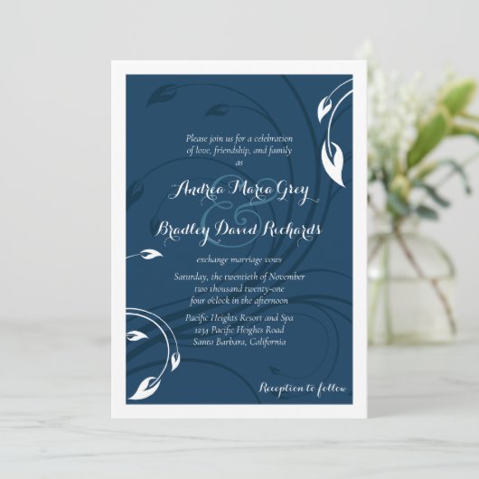 Elegant Marine Blue White Wedding Invitation Kaart (Staand voorkant)