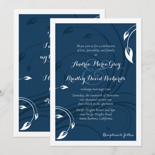 Elegant Marine Blue White Wedding Invitation Kaart (Voorkant / Achterkant)