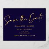 Elegant marine bruiloft bewaar het datumscript gou folie uitnodiging briefkaart (Voorkant)