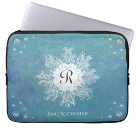 Elegant Marine Coral Blue Green Coral Monogram Laptop Sleeve