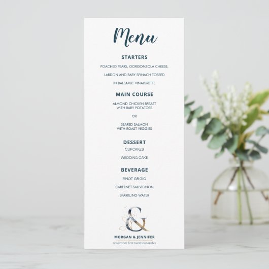 Elegant marine en gouden menu Ampersand (Staand voorkant)
