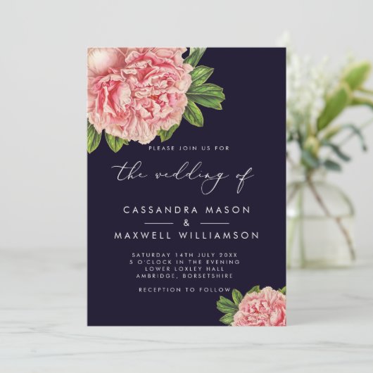 Elegant  marine en roze pony bruilding kaart (Staand voorkant)