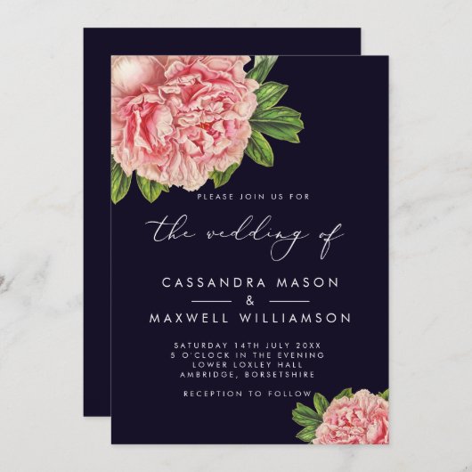 Elegant  marine en roze pony bruilding kaart (Voorkant / Achterkant)