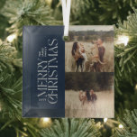 Elegant marine gebladerte modern minimal multi fot glas ornament<br><div class="desc">Elegante multi-foto modern minimal navy blauw waterverf botanische typografie Merry Christmas vakantie decor ornament.</div>