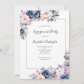 Elegant Marine Roze Bloemen Verlovingsfeest Kaart (Voorkant)