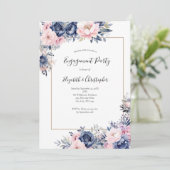 Elegant Marine Roze Bloemen Verlovingsfeest Kaart (Staand voorkant)