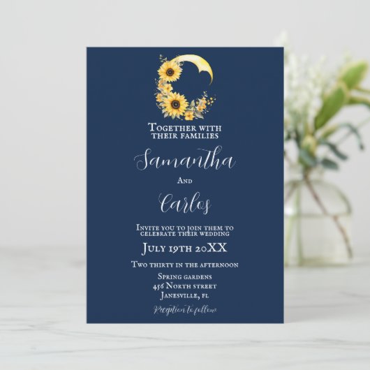 Elegant, Marine, rustieke zonnebloem maan bruiloft Kaart (Staand voorkant)