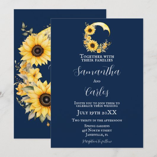 Elegant, Marine, rustieke zonnebloem maan bruiloft Kaart (Voorkant / Achterkant)