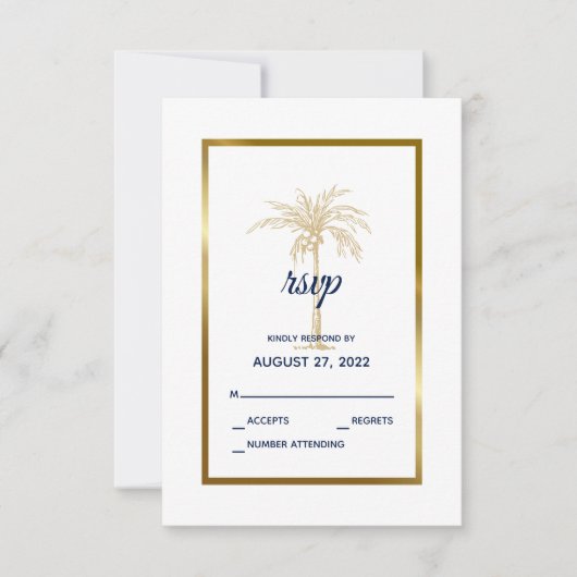 Elegant marine White Gold Palm Tree Modern Wedding RSVP Kaartje (Voorkant)