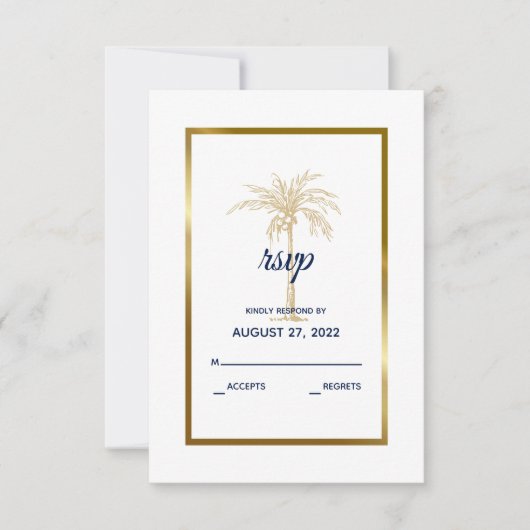Elegant marine White Gold Palm Tree Modern Wedding RSVP Kaartje (Voorkant)