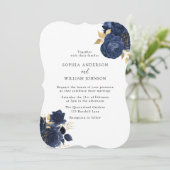 Elegant marine & White Simple Modern Floral Weddin Kaart (Staand voorkant)