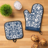 Elegant marineblauw bloemendamast patroon ovenwant & pannenlap set (Top down)