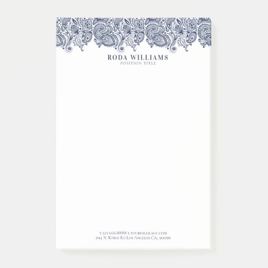 Elegant marineblauw  bloemig paisley kant post-it® notes (Voorkant)