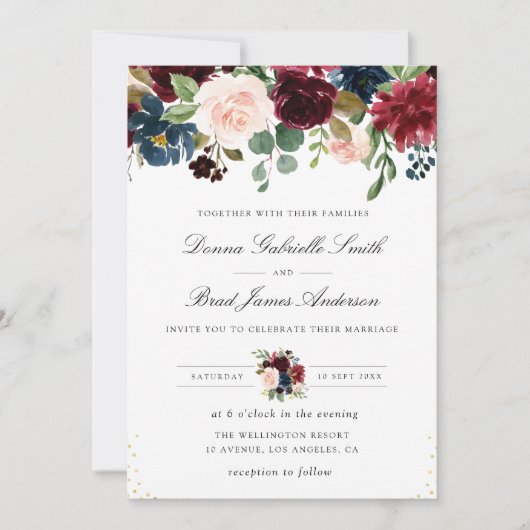 Elegant marineblauw & bordeaux bloemenbruiloft kaart (Voorkant)