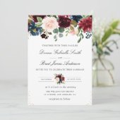 Elegant marineblauw & bordeaux bloemenbruiloft kaart (Staand voorkant)