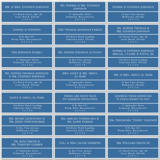 Elegant marineblauw bruiloft gastadres sticker (Voorkant)