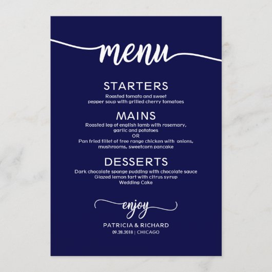 Elegant marineblauw bruiloft menu Kaart (Voorkant)