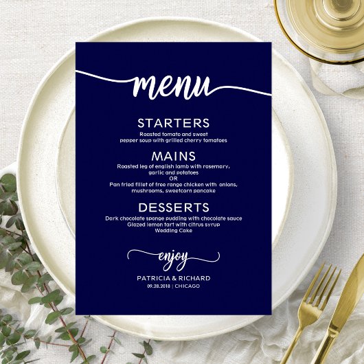 Elegant marineblauw bruiloft menu Kaart